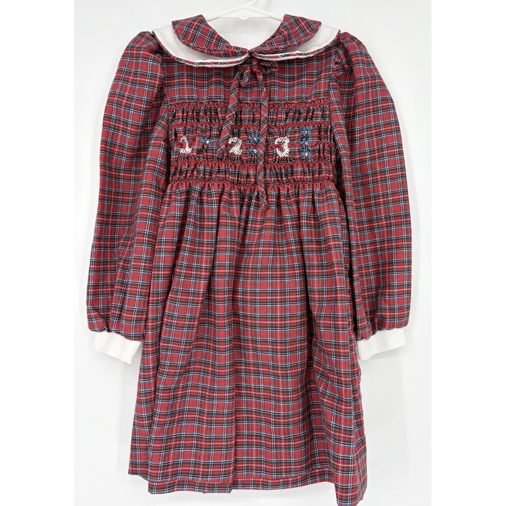 Vintage Polly Flinders Dress Size 5 Red Plaid Smocked Ruffled Peter Pan Collar